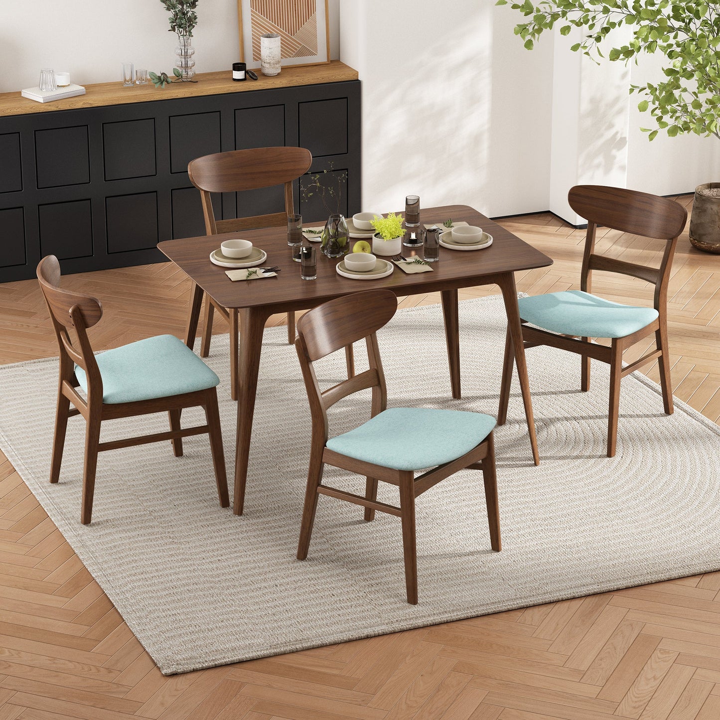Mid - Century Modern 5 - Piece Dining Set with Rubberwood Frame, One Table and 4 Upholstered Chairs in Walnut and Mint Finish - 1st Choice Furniture Direct