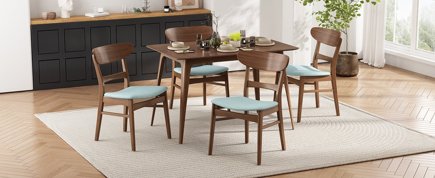 Mid - Century Modern 5 - Piece Dining Set with Rubberwood Frame, One Table and 4 Upholstered Chairs in Walnut and Mint Finish - 1st Choice Furniture Direct