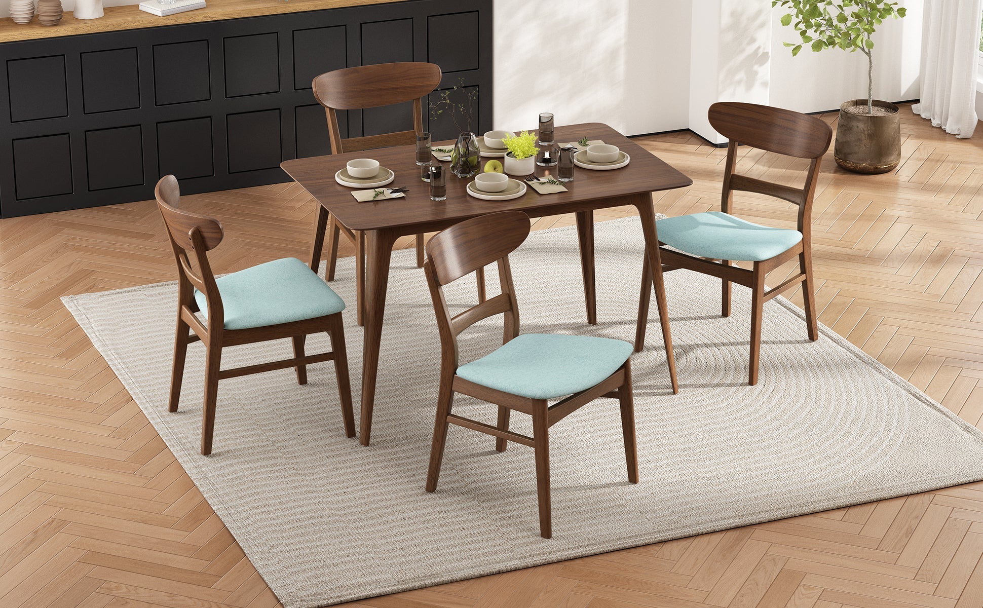 Mid - Century Modern 5 - Piece Dining Set with Rubberwood Frame, One Table and 4 Upholstered Chairs in Walnut and Mint Finish - 1st Choice Furniture Direct