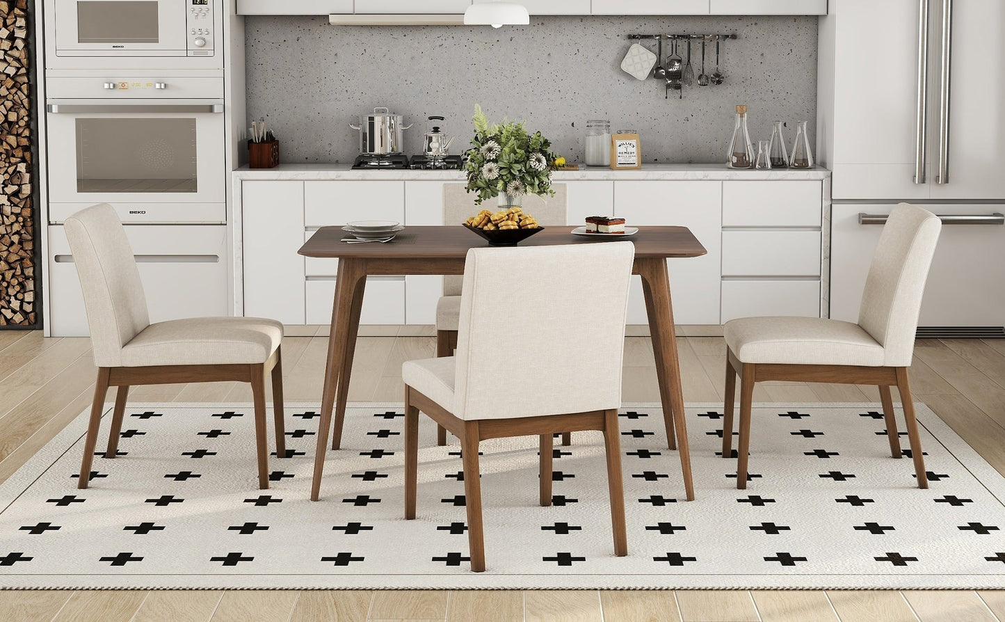 Mid - Century Modern 5 - Piece Dining Set with Solid Rubberwood Table and 4 Upholstered Chairs in Walnut and Light Beige - 1st Choice Furniture Direct