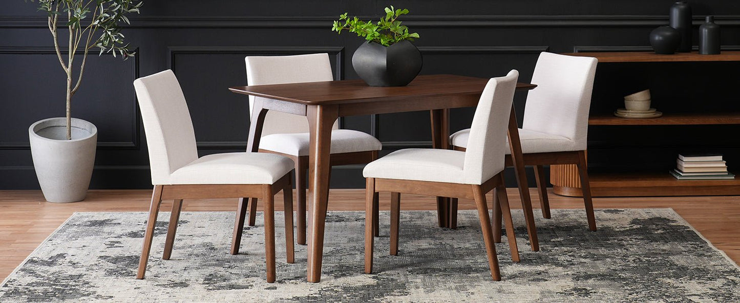 Mid - Century Modern 5 - Piece Dining Set with Solid Rubberwood Table and 4 Upholstered Chairs in Walnut and Light Beige - 1st Choice Furniture Direct
