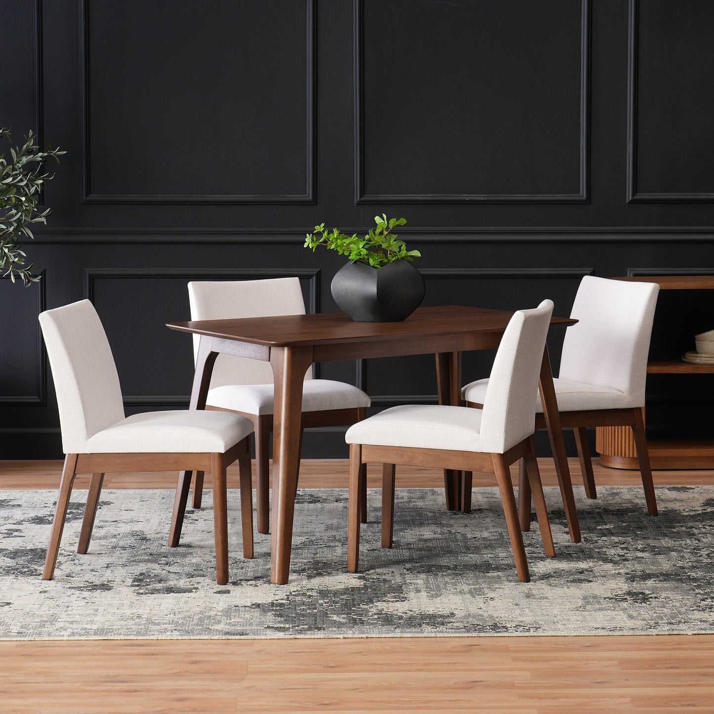 Mid - Century Modern 5 - Piece Dining Set with Solid Rubberwood Table and 4 Upholstered Chairs in Walnut and Light Beige - 1st Choice Furniture Direct
