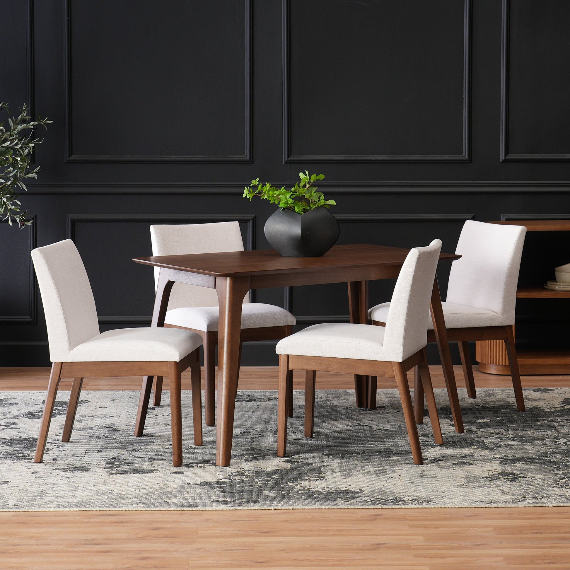 Mid - Century Modern 5 - Piece Dining Set with Solid Rubberwood Table and 4 Upholstered Chairs in Walnut and Light Beige - 1st Choice Furniture Direct