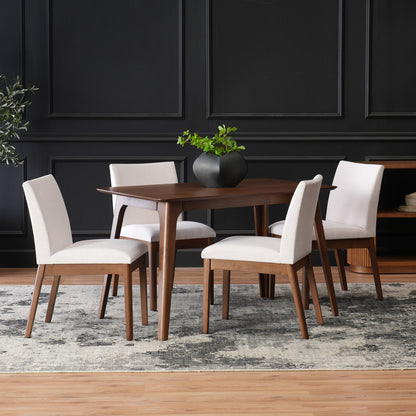 Mid - Century Modern 5 - Piece Dining Set with Solid Rubberwood Table and 4 Upholstered Chairs in Walnut and Light Beige - 1st Choice Furniture Direct