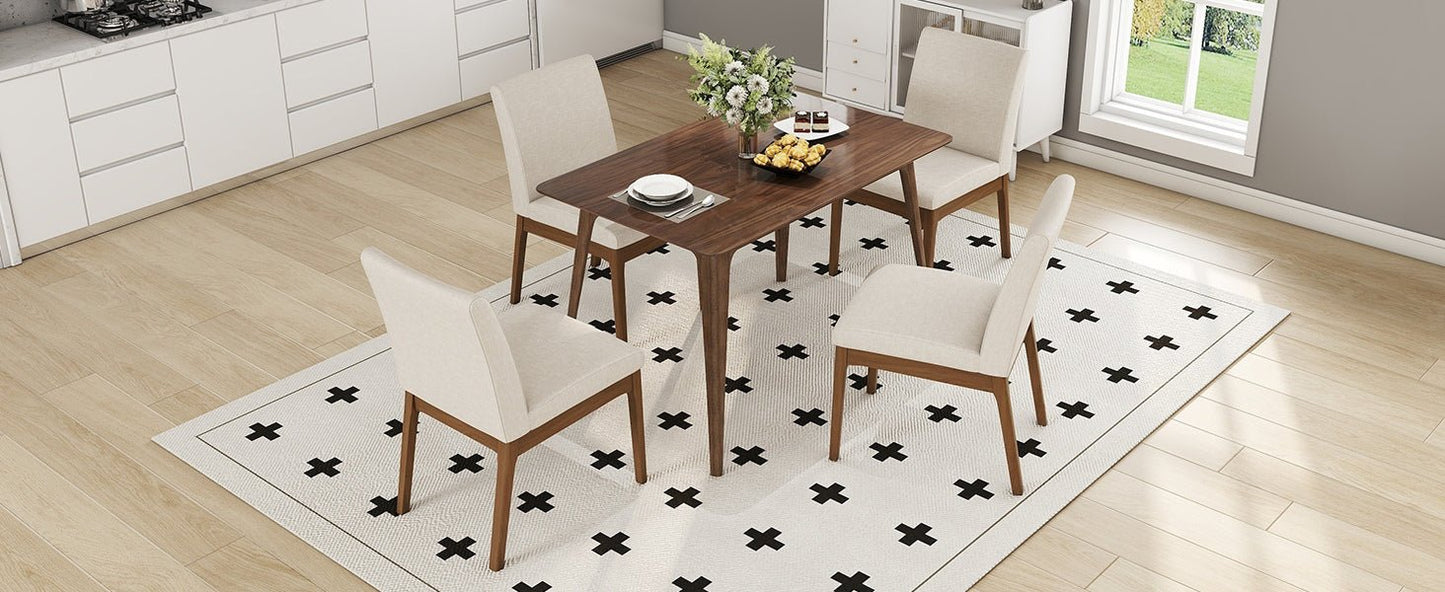 Mid - Century Modern 5 - Piece Dining Set with Solid Rubberwood Table and 4 Upholstered Chairs in Walnut and Light Beige - 1st Choice Furniture Direct
