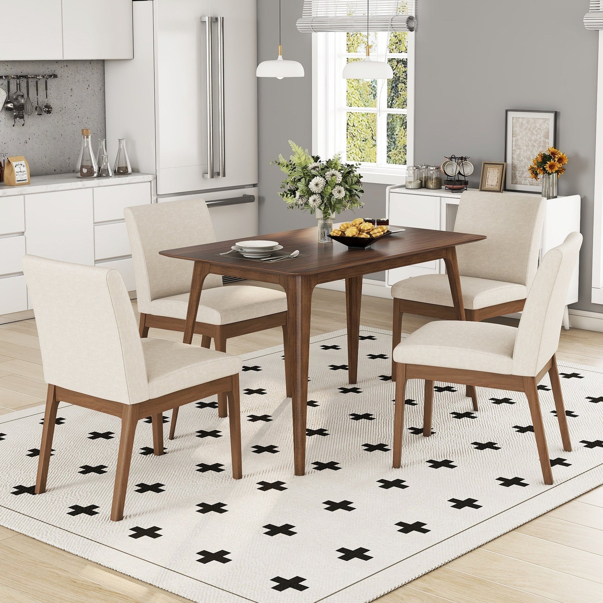 Mid - Century Modern 5 - Piece Dining Set with Solid Rubberwood Table and 4 Upholstered Chairs in Walnut and Light Beige - 1st Choice Furniture Direct