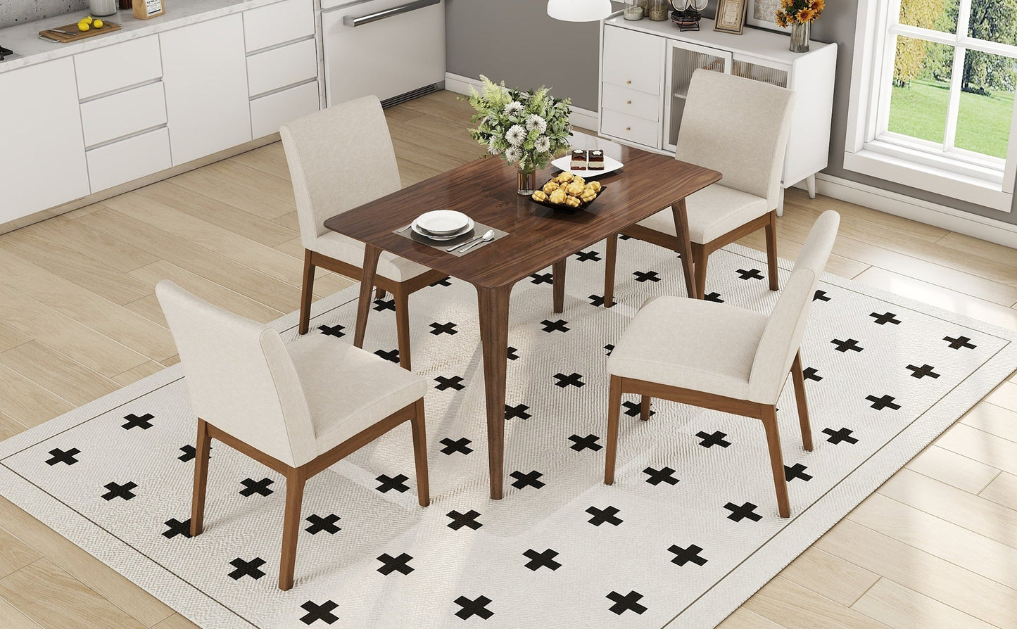 Mid - Century Modern 5 - Piece Dining Set with Solid Rubberwood Table and 4 Upholstered Chairs in Walnut and Light Beige - 1st Choice Furniture Direct