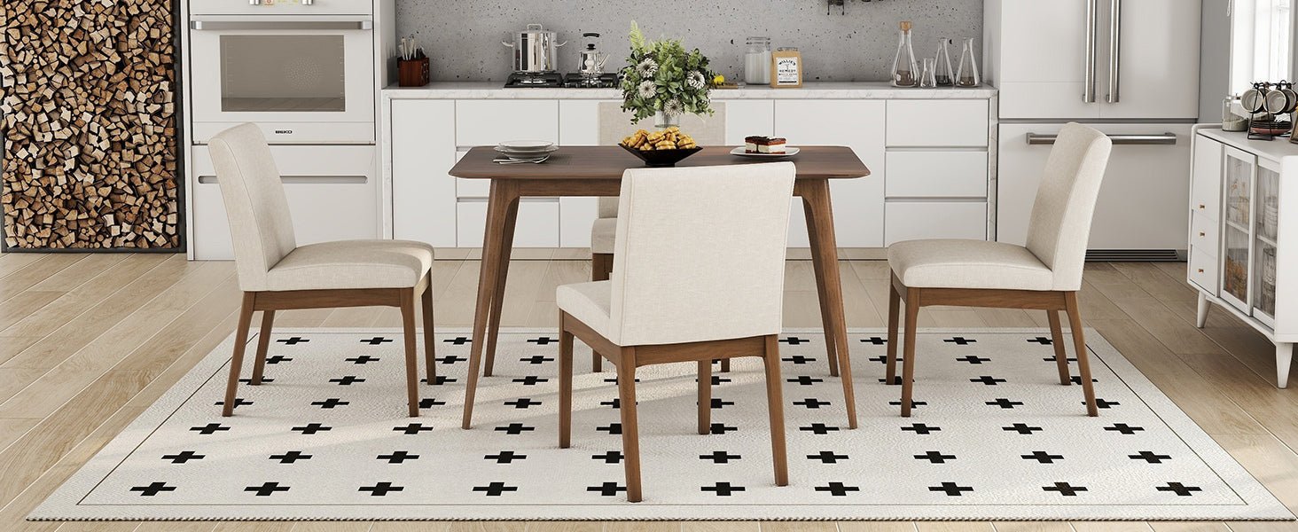 Mid - Century Modern 5 - Piece Dining Set with Solid Rubberwood Table and 4 Upholstered Chairs in Walnut and Light Beige - 1st Choice Furniture Direct