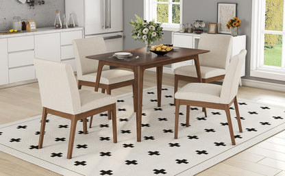 Mid - Century Modern 5 - Piece Dining Set with Solid Rubberwood Table and 4 Upholstered Chairs in Walnut and Light Beige - 1st Choice Furniture Direct