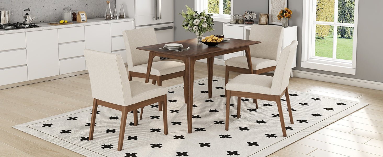 Mid - Century Modern 5 - Piece Dining Set with Solid Rubberwood Table and 4 Upholstered Chairs in Walnut and Light Beige - 1st Choice Furniture Direct