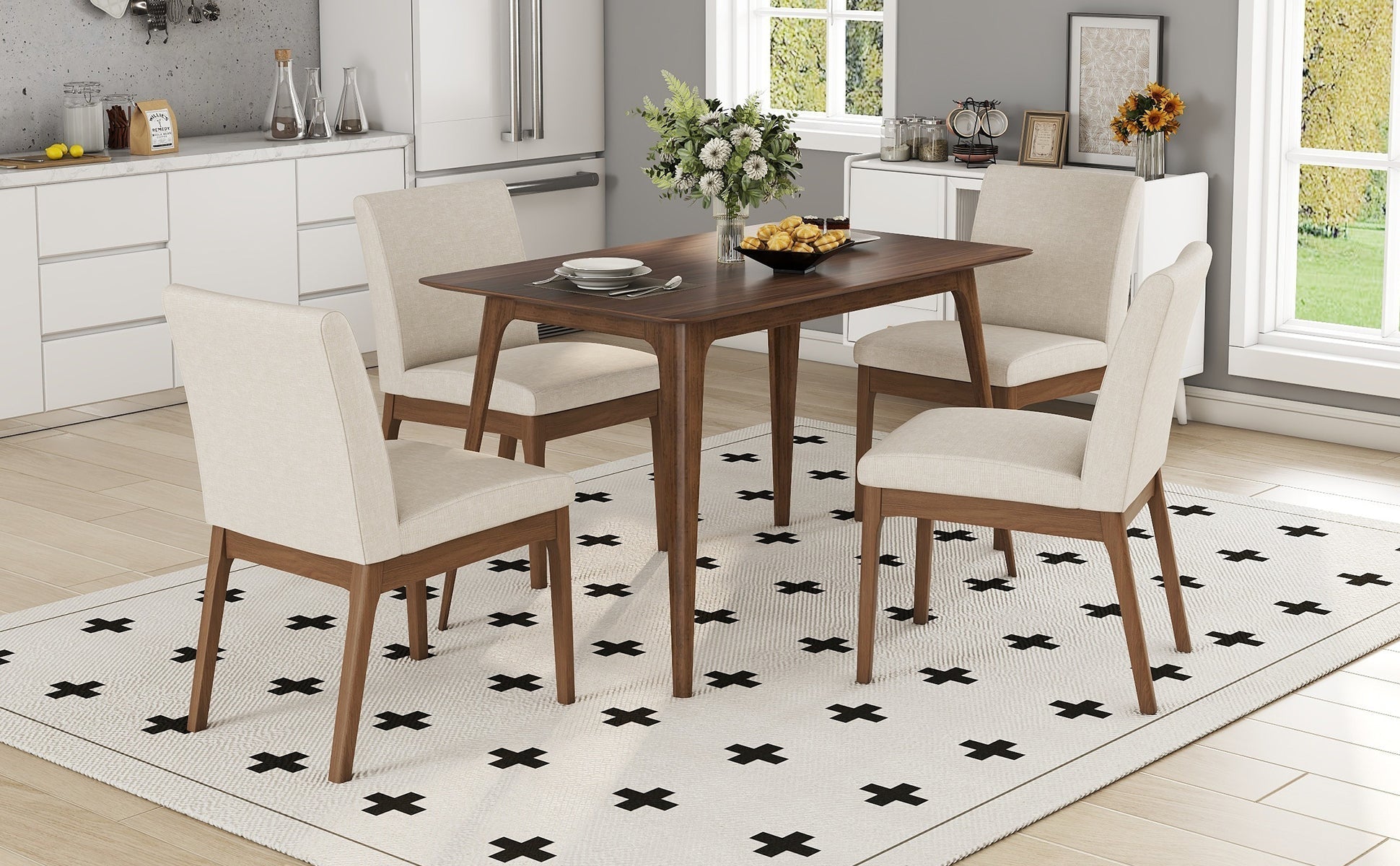 Mid - Century Modern 5 - Piece Dining Set with Solid Rubberwood Table and 4 Upholstered Chairs in Walnut and Light Beige - 1st Choice Furniture Direct