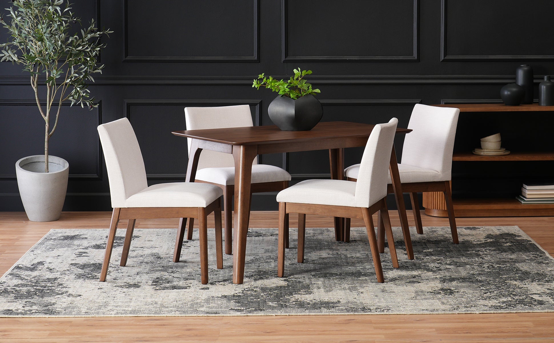 Mid - Century Modern 5 - Piece Dining Set with Solid Rubberwood Table and 4 Upholstered Chairs in Walnut and Light Beige - 1st Choice Furniture Direct