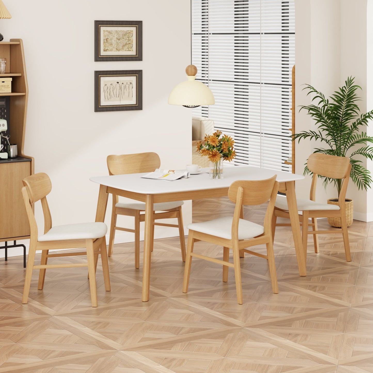 Mid - Century Modern 5 - Piece Dining Set with Solid Wood Table and Upholstered Chairs in White Oak + Light Beige, Fabric and Rubber Wood Construction - 1st Choice Furniture Direct