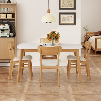 Mid - Century Modern 5 - Piece Dining Set with Solid Wood Table and Upholstered Chairs in White Oak + Light Beige, Fabric and Rubber Wood Construction - 1st Choice Furniture Direct