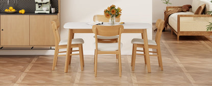 Mid - Century Modern 5 - Piece Dining Set with Solid Wood Table and Upholstered Chairs in White Oak + Light Beige, Fabric and Rubber Wood Construction - 1st Choice Furniture Direct