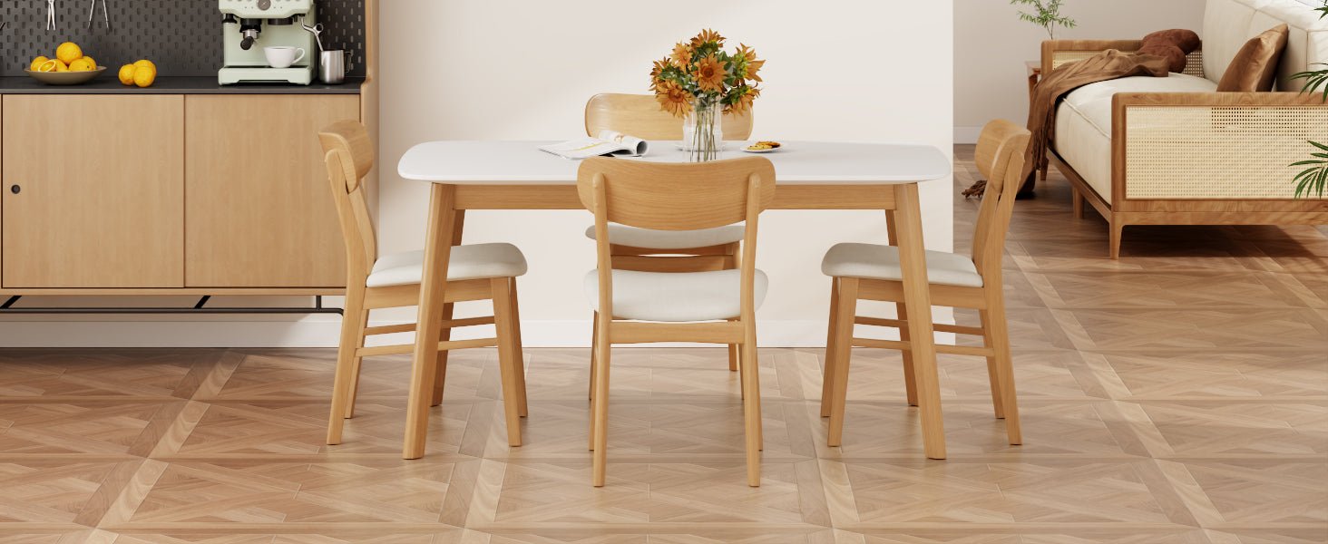 Mid - Century Modern 5 - Piece Dining Set with Solid Wood Table and Upholstered Chairs in White Oak + Light Beige, Fabric and Rubber Wood Construction - 1st Choice Furniture Direct