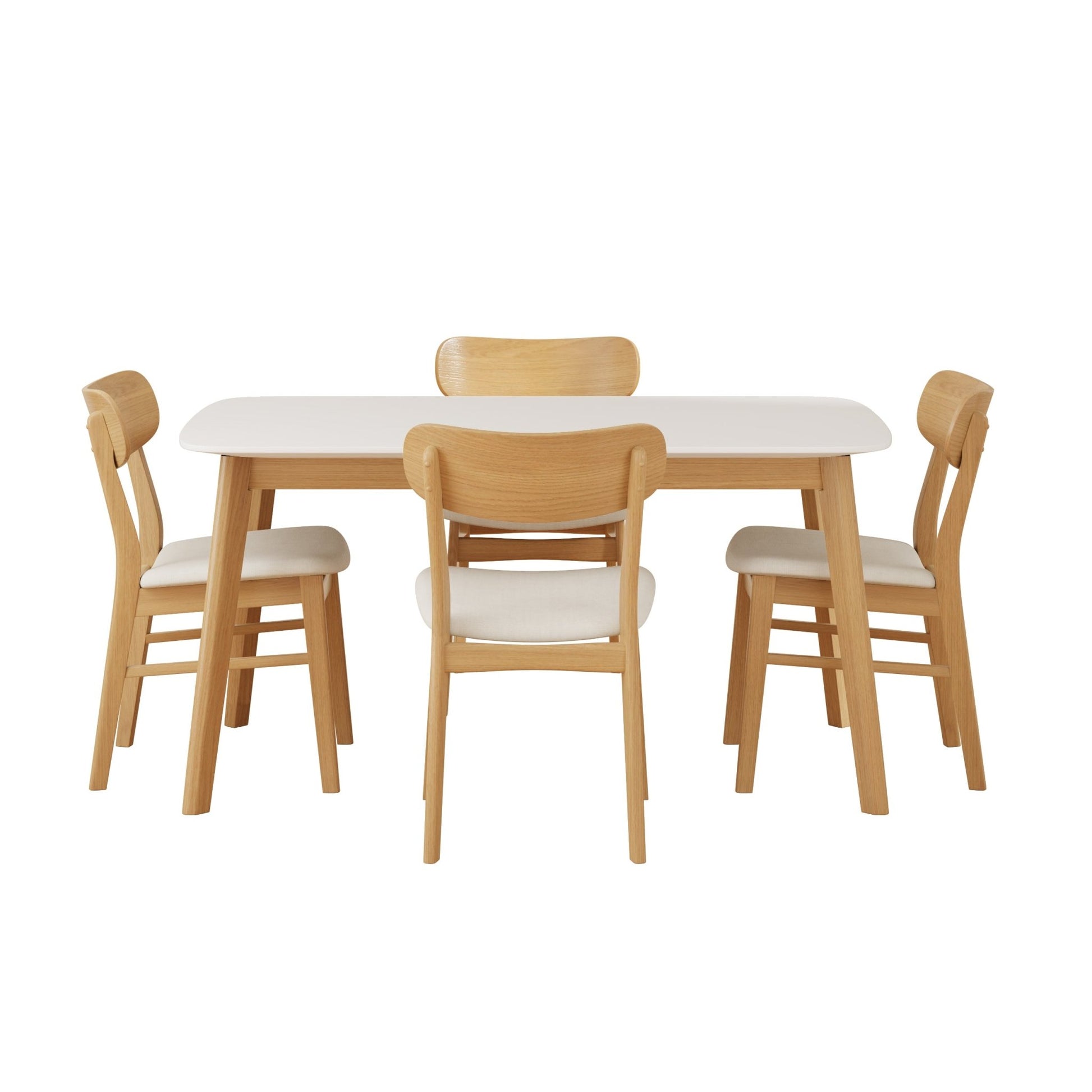 Mid - Century Modern 5 - Piece Dining Set with Solid Wood Table and Upholstered Chairs in White Oak + Light Beige, Fabric and Rubber Wood Construction - 1st Choice Furniture Direct
