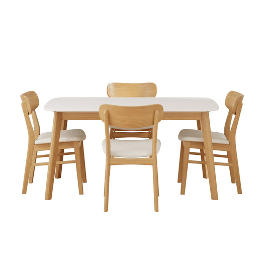Mid - Century Modern 5 - Piece Dining Set with Solid Wood Table and Upholstered Chairs in White Oak + Light Beige, Fabric and Rubber Wood Construction - 1st Choice Furniture Direct