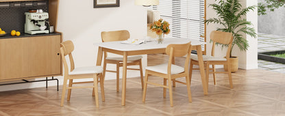 Mid - Century Modern 5 - Piece Dining Set with Solid Wood Table and Upholstered Chairs in White Oak + Light Beige, Fabric and Rubber Wood Construction - 1st Choice Furniture Direct