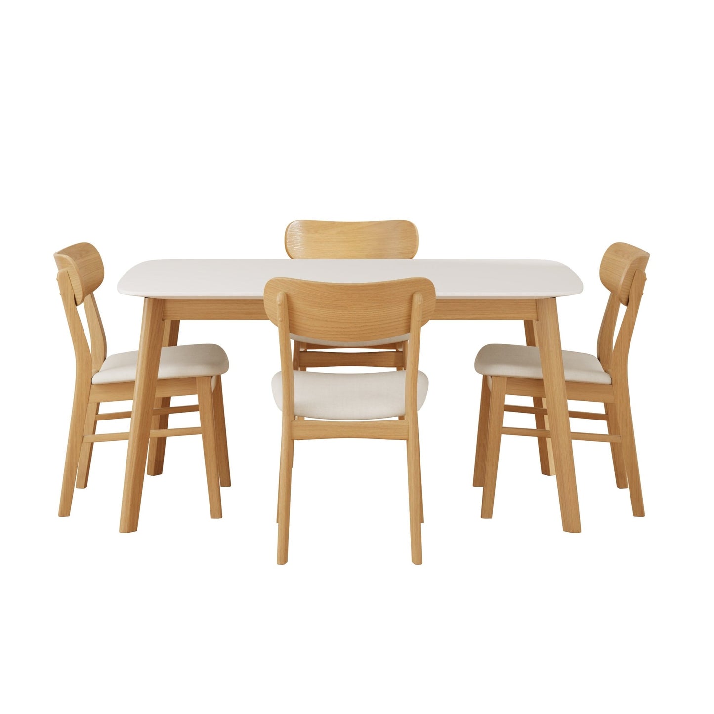 Mid - Century Modern 5 - Piece Dining Set with Solid Wood Table and Upholstered Chairs in White Oak + Light Beige, Fabric and Rubber Wood Construction - 1st Choice Furniture Direct