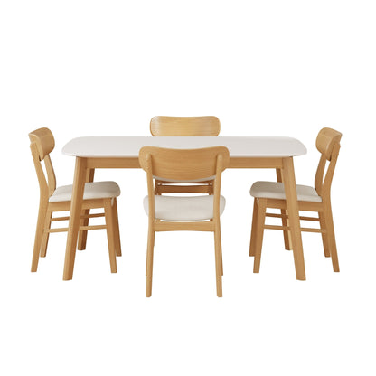 Mid - Century Modern 5 - Piece Dining Set with Solid Wood Table and Upholstered Chairs in White Oak + Light Beige, Fabric and Rubber Wood Construction - 1st Choice Furniture Direct