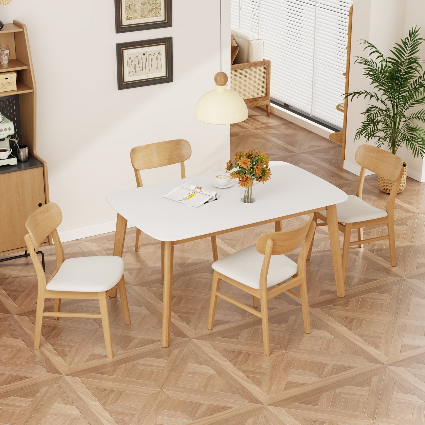 Mid - Century Modern 5 - Piece Dining Set with Solid Wood Table and Upholstered Chairs in White Oak + Light Beige, Fabric and Rubber Wood Construction - 1st Choice Furniture Direct