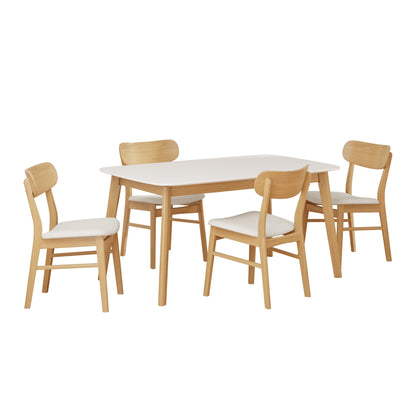 Mid - Century Modern 5 - Piece Dining Set with Solid Wood Table and Upholstered Chairs in White Oak + Light Beige, Fabric and Rubber Wood Construction - 1st Choice Furniture Direct