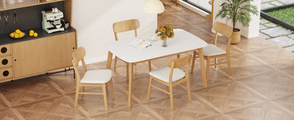 Mid - Century Modern 5 - Piece Dining Set with Solid Wood Table and Upholstered Chairs in White Oak + Light Beige, Fabric and Rubber Wood Construction - 1st Choice Furniture Direct