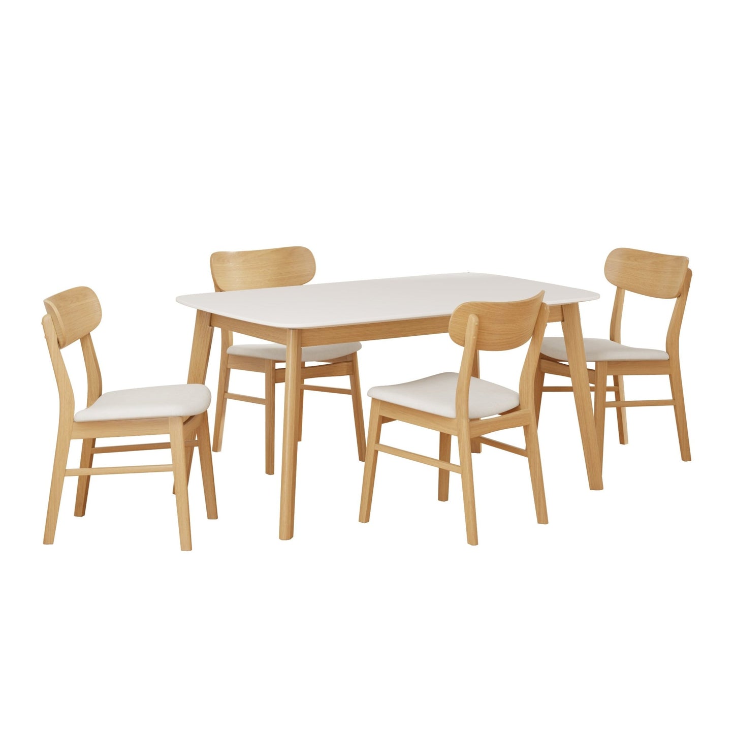 Mid - Century Modern 5 - Piece Dining Set with Solid Wood Table and Upholstered Chairs in White Oak + Light Beige, Fabric and Rubber Wood Construction - 1st Choice Furniture Direct