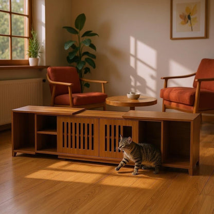 Mid-Century Modern 54.3' Extendable TV Stand (up to 100') with Cat House & Litter Box Enclosure – Walnut Wood Entertainment Center, Sliding Doors, Hidden Pet Furniture - 1st Choice Furniture Direct