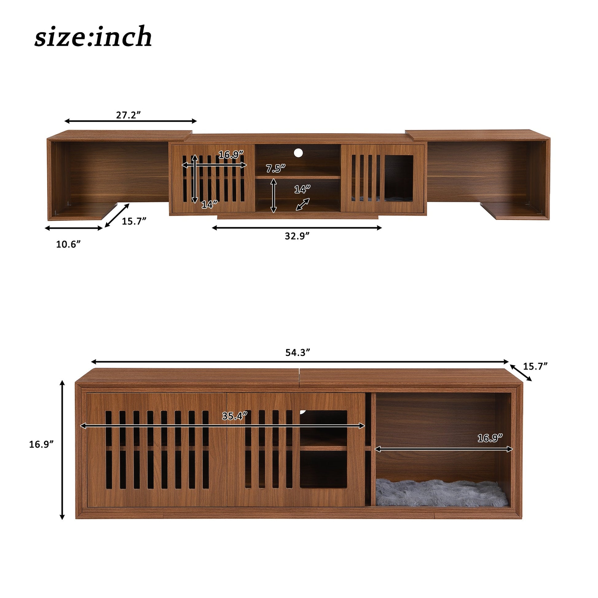 Mid-Century Modern 54.3' Extendable TV Stand (up to 100') with Cat House & Litter Box Enclosure – Walnut Wood Entertainment Center, Sliding Doors, Hidden Pet Furniture - 1st Choice Furniture Direct