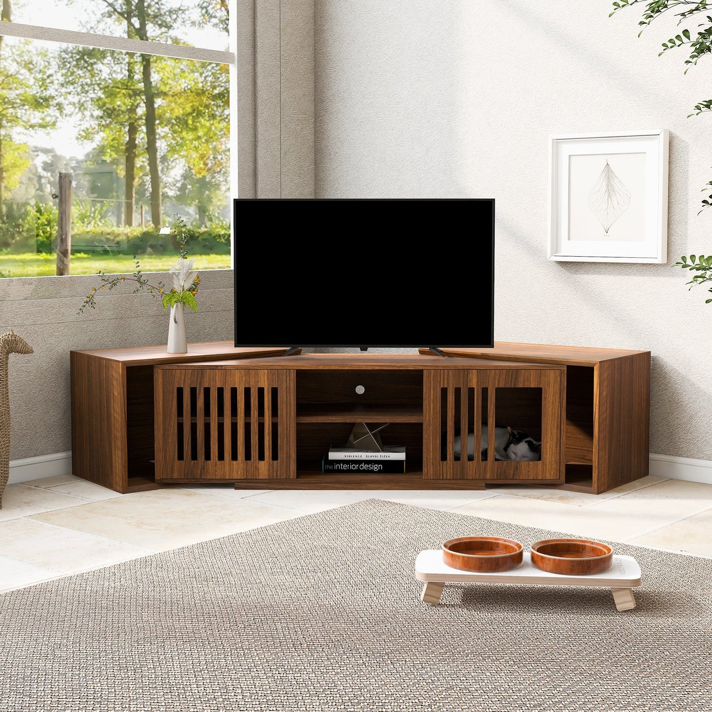 Mid-Century Modern 54.3' Extendable TV Stand (up to 100') with Cat House & Litter Box Enclosure – Walnut Wood Entertainment Center, Sliding Doors, Hidden Pet Furniture - 1st Choice Furniture Direct