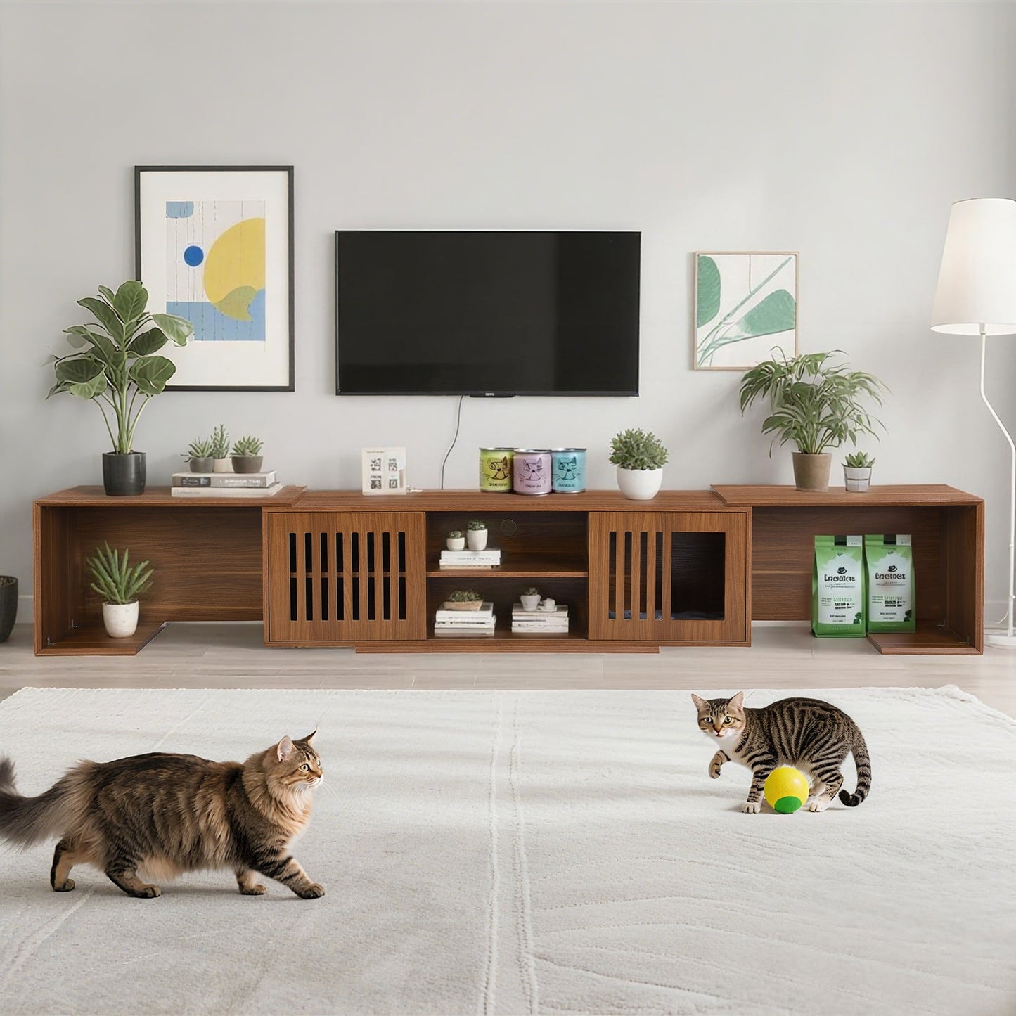 Mid-Century Modern 54.3' Extendable TV Stand (up to 100') with Cat House & Litter Box Enclosure – Walnut Wood Entertainment Center, Sliding Doors, Hidden Pet Furniture - 1st Choice Furniture Direct