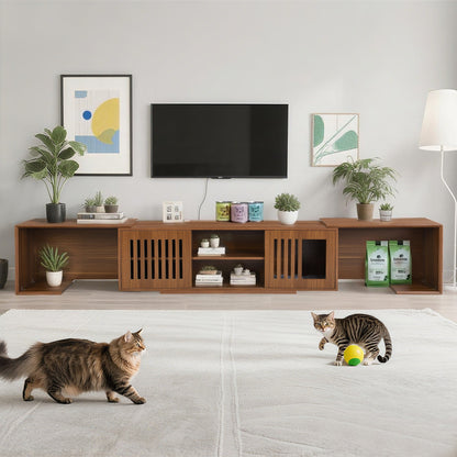 Mid-Century Modern 54.3' Extendable TV Stand (up to 100') with Cat House & Litter Box Enclosure – Walnut Wood Entertainment Center, Sliding Doors, Hidden Pet Furniture - 1st Choice Furniture Direct