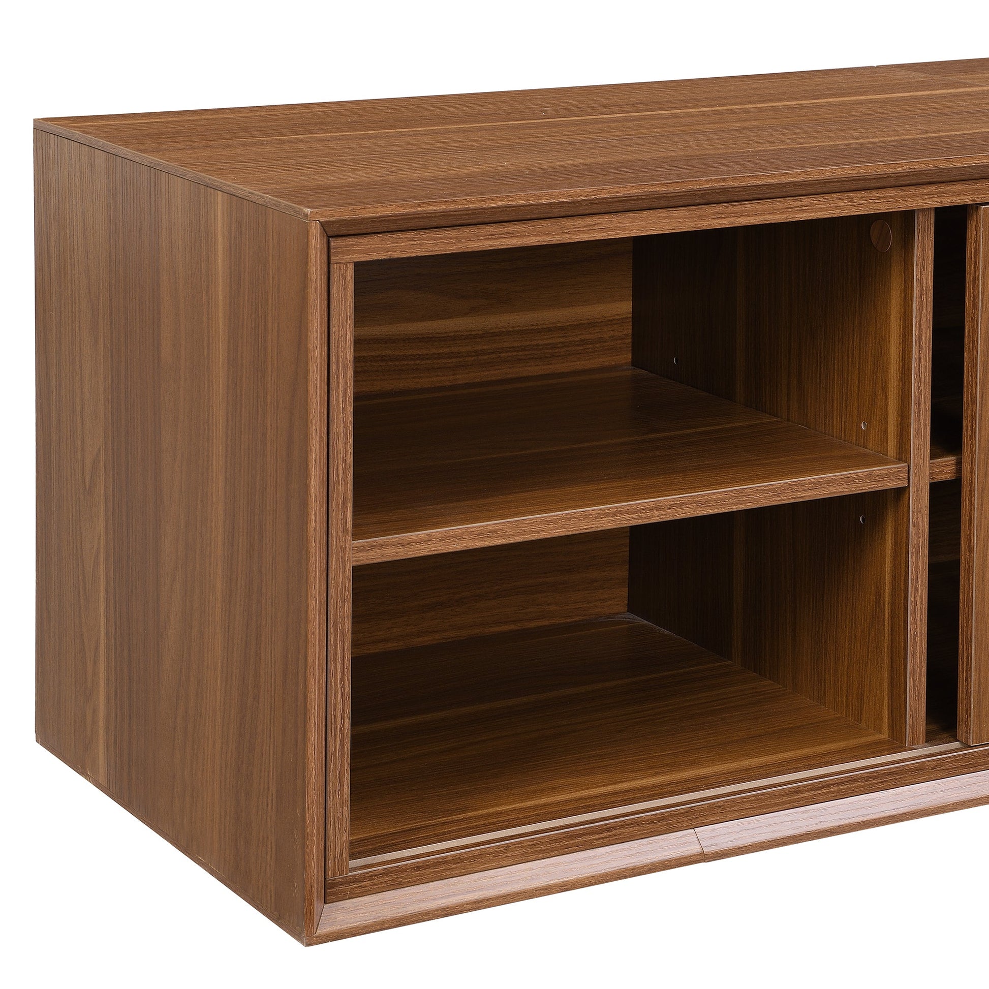 Mid - Century Modern 54.3' Extendable TV Stand (up to 100') with Cat House & Litter Box Enclosure – Walnut Wood Entertainment Center, Sliding Doors, Hidden Pet Furniture - 1st Choice Furniture Direct