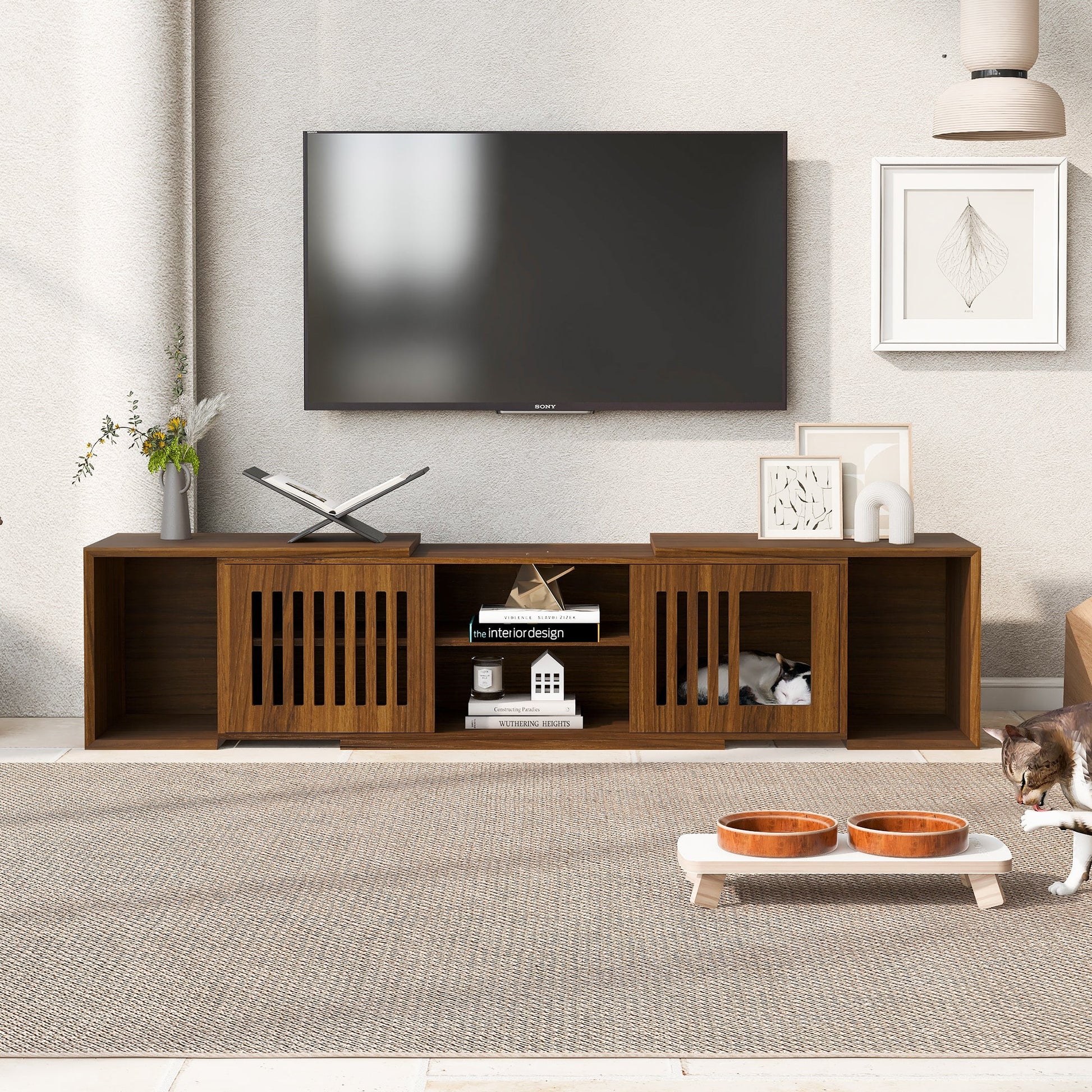 Mid-Century Modern 54.3' Extendable TV Stand (up to 100') with Cat House & Litter Box Enclosure – Walnut Wood Entertainment Center, Sliding Doors, Hidden Pet Furniture - 1st Choice Furniture Direct