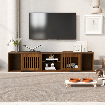 Mid-Century Modern 54.3' Extendable TV Stand (up to 100') with Cat House & Litter Box Enclosure – Walnut Wood Entertainment Center, Sliding Doors, Hidden Pet Furniture - 1st Choice Furniture Direct