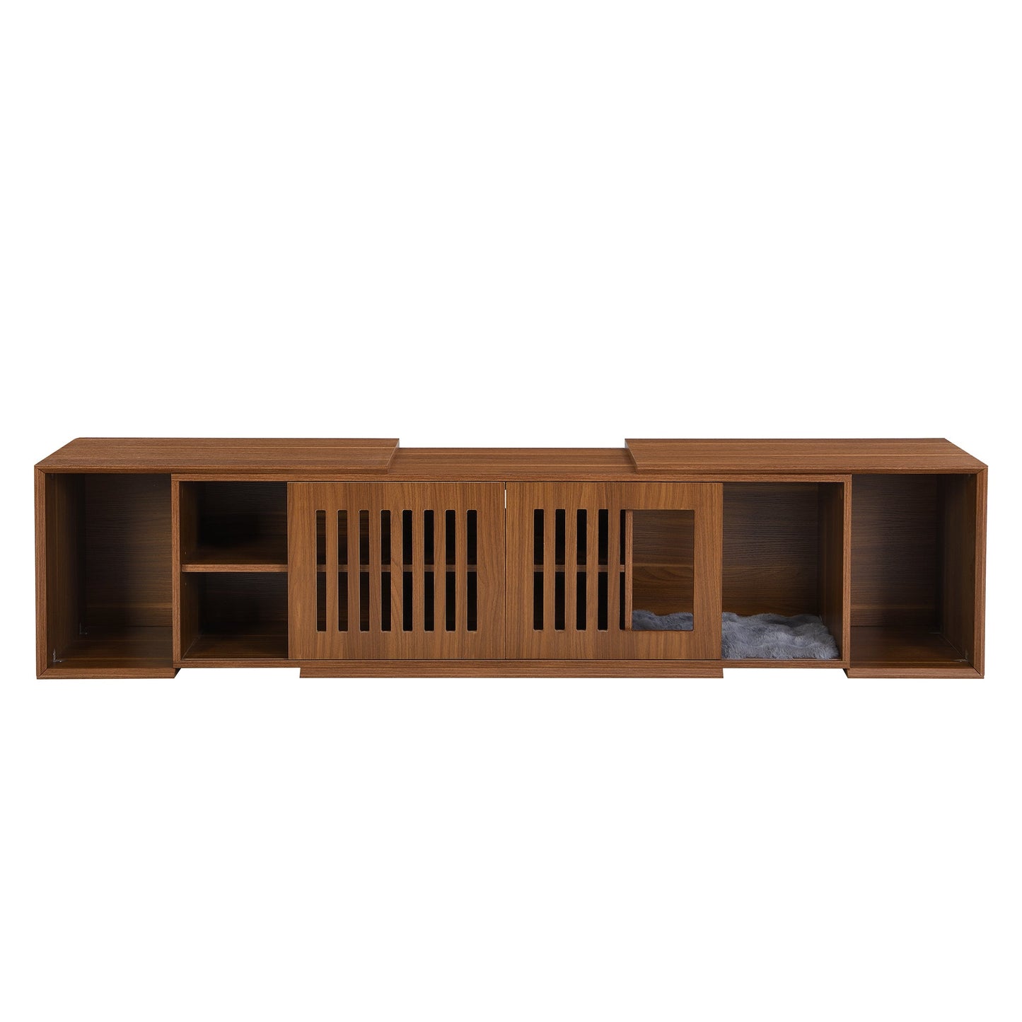 Mid - Century Modern 54.3' Extendable TV Stand (up to 100') with Cat House & Litter Box Enclosure – Walnut Wood Entertainment Center, Sliding Doors, Hidden Pet Furniture - 1st Choice Furniture Direct