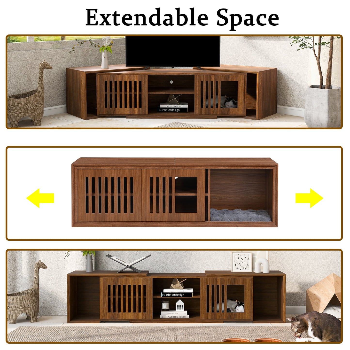 Mid-Century Modern 54.3' Extendable TV Stand (up to 100') with Cat House & Litter Box Enclosure – Walnut Wood Entertainment Center, Sliding Doors, Hidden Pet Furniture - 1st Choice Furniture Direct