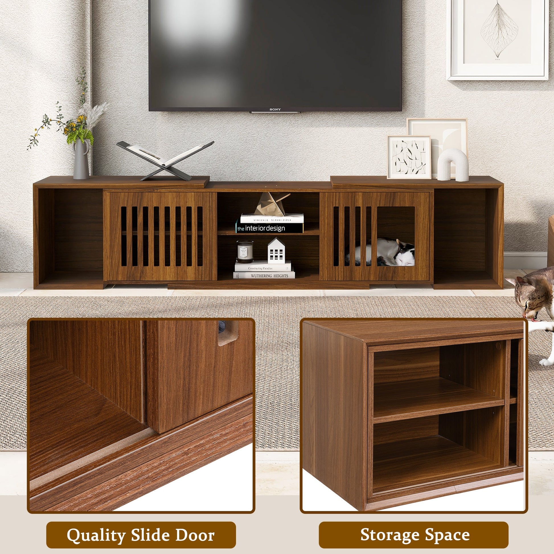 Mid-Century Modern 54.3' Extendable TV Stand (up to 100') with Cat House & Litter Box Enclosure – Walnut Wood Entertainment Center, Sliding Doors, Hidden Pet Furniture - 1st Choice Furniture Direct