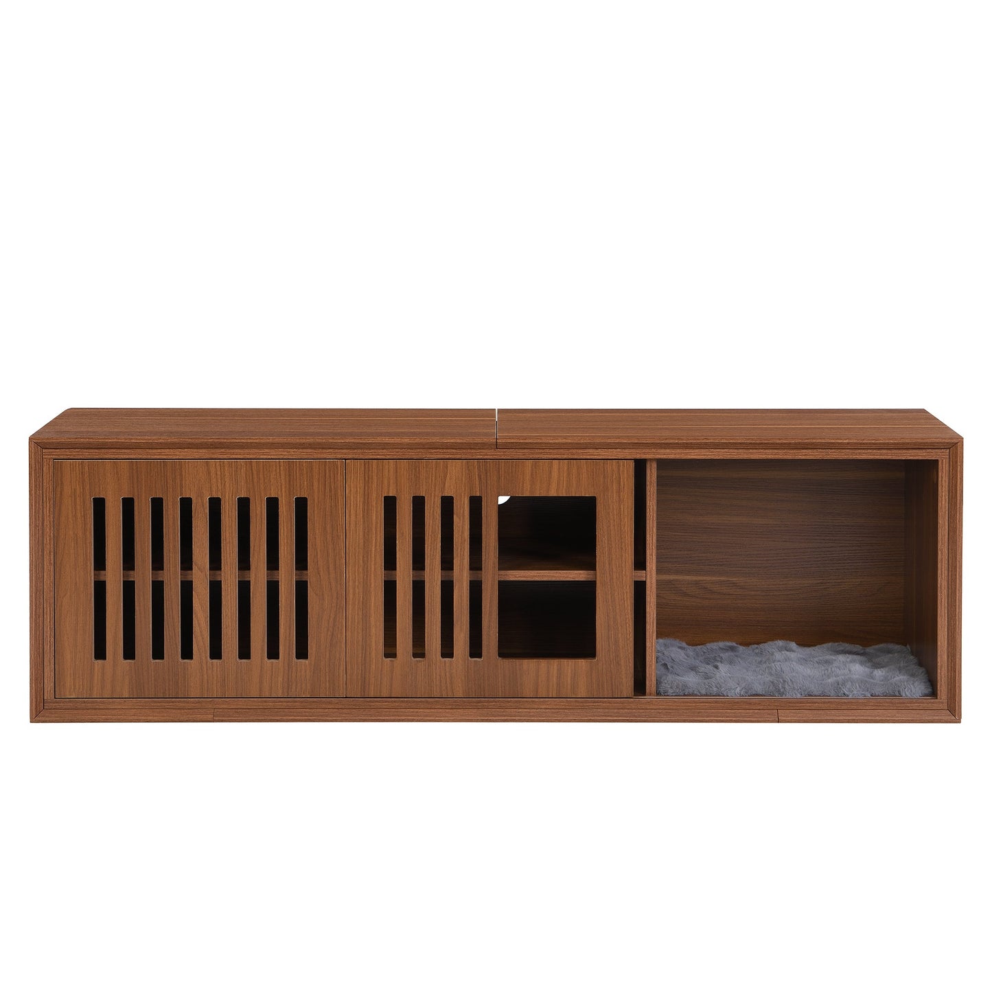 Mid-Century Modern 54.3' Extendable TV Stand (up to 100') with Cat House & Litter Box Enclosure – Walnut Wood Entertainment Center, Sliding Doors, Hidden Pet Furniture - 1st Choice Furniture Direct