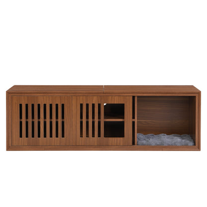 Mid-Century Modern 54.3' Extendable TV Stand (up to 100') with Cat House & Litter Box Enclosure – Walnut Wood Entertainment Center, Sliding Doors, Hidden Pet Furniture - 1st Choice Furniture Direct