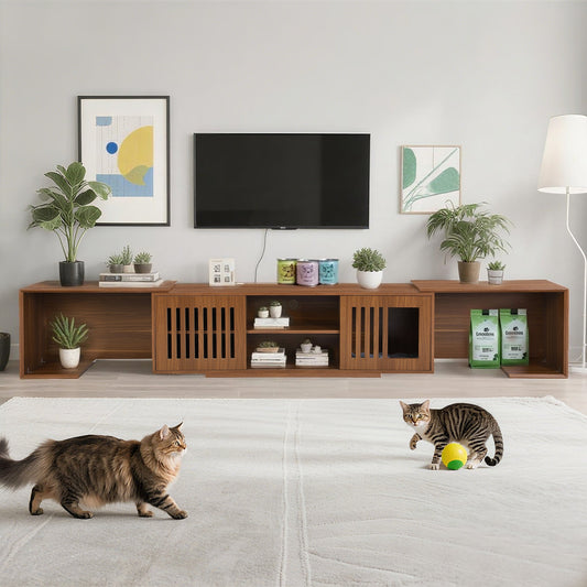 Mid - Century Modern 54.3' Extendable TV Stand (up to 100') with Cat House & Litter Box Enclosure – Walnut Wood Entertainment Center, Sliding Doors, Hidden Pet Furniture - 1st Choice Furniture Direct