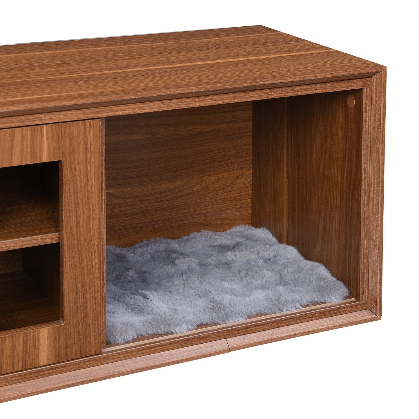 Mid-Century Modern 54.3' Extendable TV Stand (up to 100') with Cat House & Litter Box Enclosure – Walnut Wood Entertainment Center, Sliding Doors, Hidden Pet Furniture - 1st Choice Furniture Direct