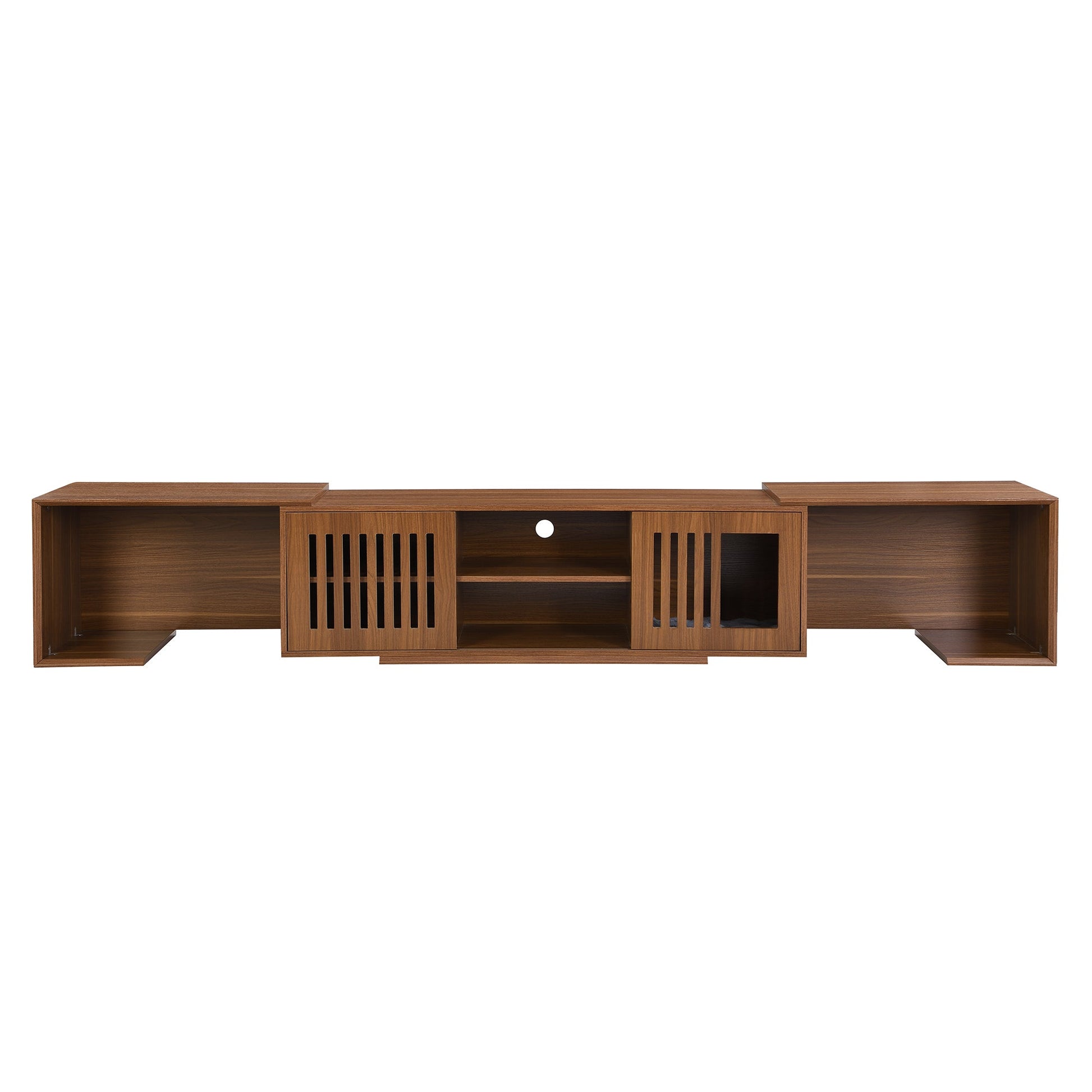 Mid-Century Modern 54.3' Extendable TV Stand (up to 100') with Cat House & Litter Box Enclosure – Walnut Wood Entertainment Center, Sliding Doors, Hidden Pet Furniture - 1st Choice Furniture Direct