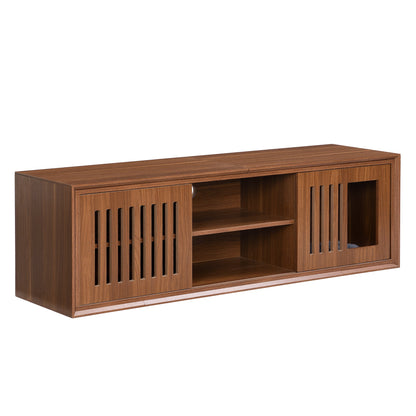 Mid-Century Modern 54.3' Extendable TV Stand (up to 100') with Cat House & Litter Box Enclosure – Walnut Wood Entertainment Center, Sliding Doors, Hidden Pet Furniture - 1st Choice Furniture Direct