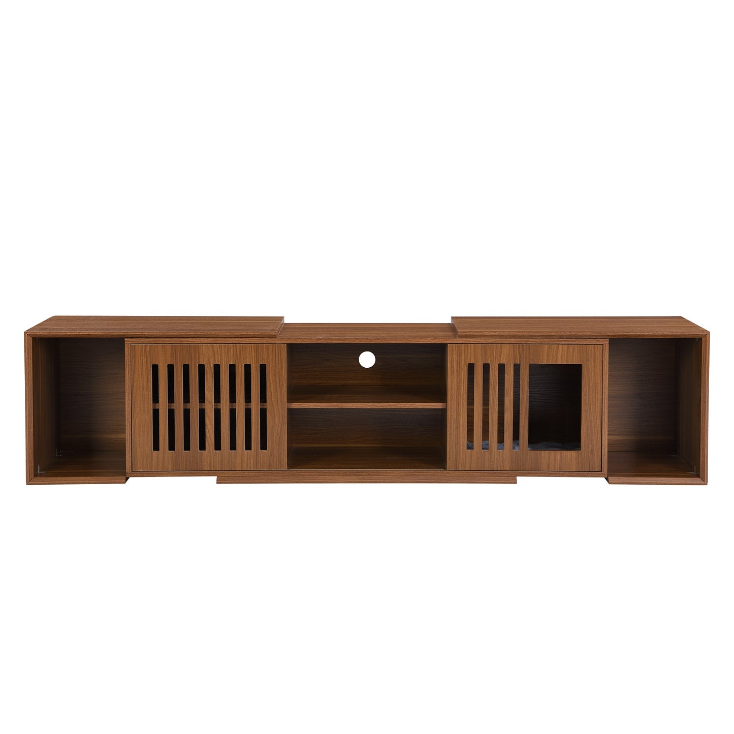 Mid-Century Modern 54.3' Extendable TV Stand (up to 100') with Cat House & Litter Box Enclosure – Walnut Wood Entertainment Center, Sliding Doors, Hidden Pet Furniture - 1st Choice Furniture Direct