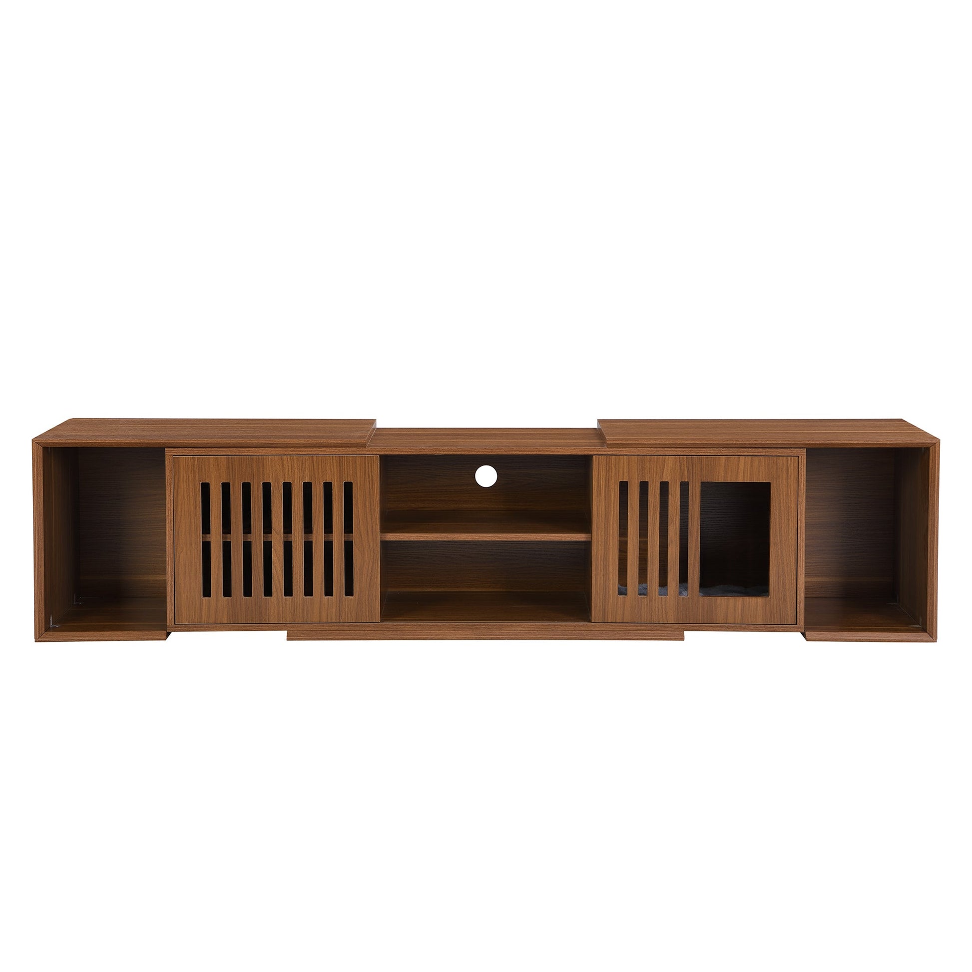 Mid-Century Modern 54.3' Extendable TV Stand (up to 100') with Cat House & Litter Box Enclosure – Walnut Wood Entertainment Center, Sliding Doors, Hidden Pet Furniture - 1st Choice Furniture Direct