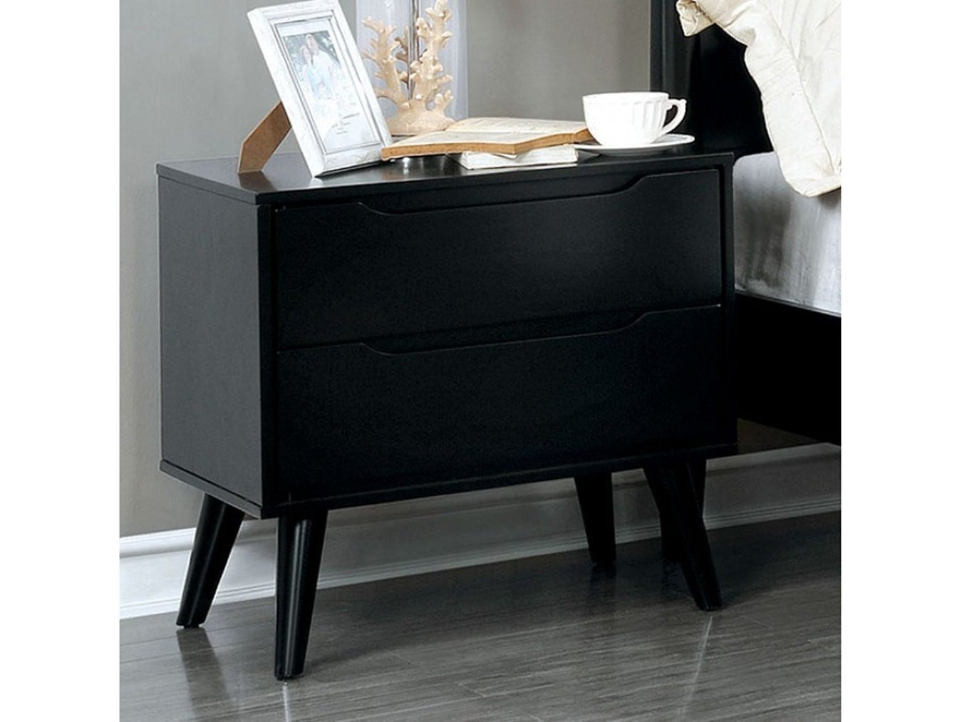 Mid - Century Modern Black Color 1pc Nightstand Bedroom Furniture Solid wood Round Tapered Legs 2 - Drawers Bedside Table - 1st Choice Furniture Direct