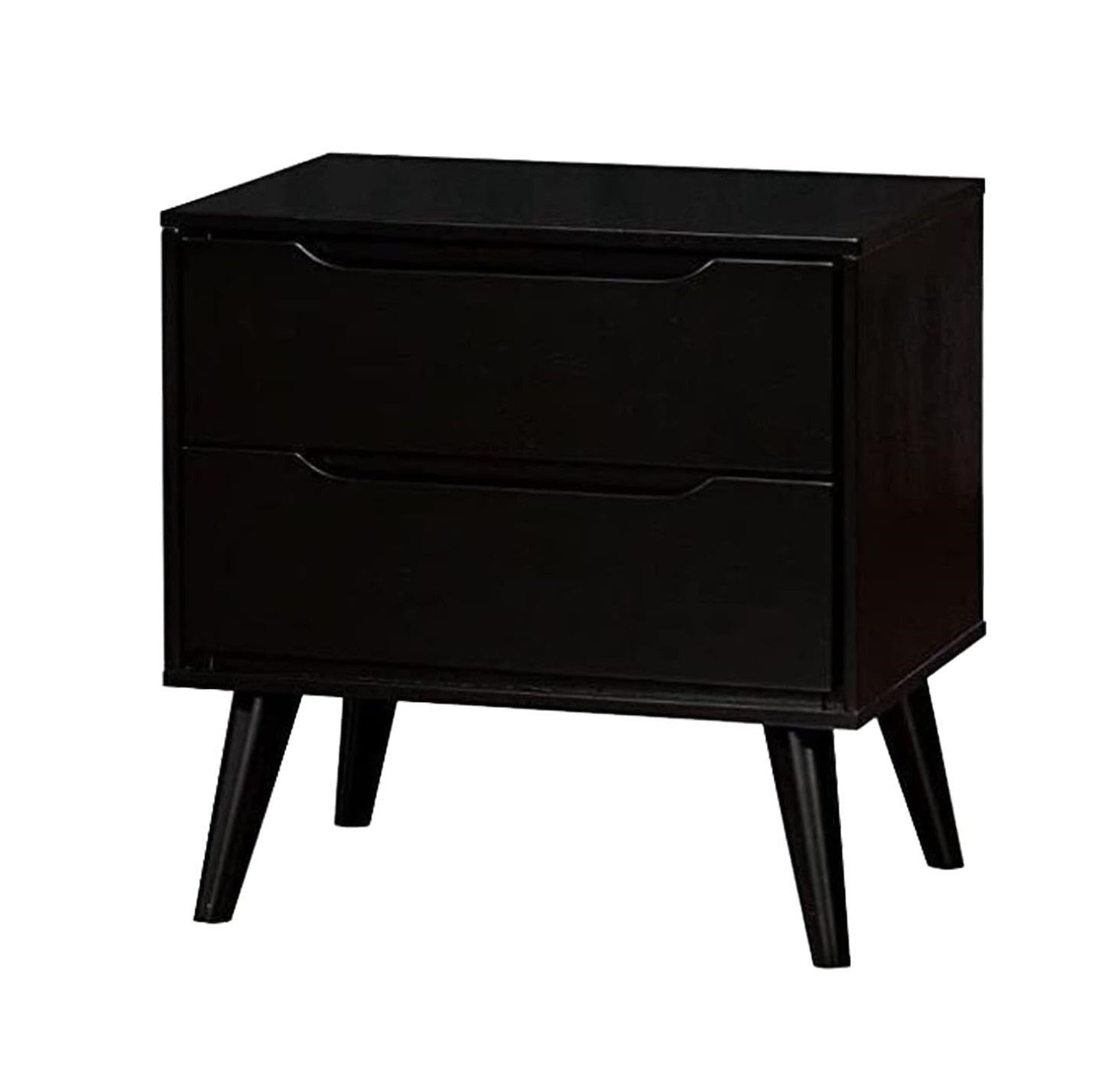 Mid - Century Modern Black Color 1pc Nightstand Bedroom Furniture Solid wood Round Tapered Legs 2 - Drawers Bedside Table - 1st Choice Furniture Direct
